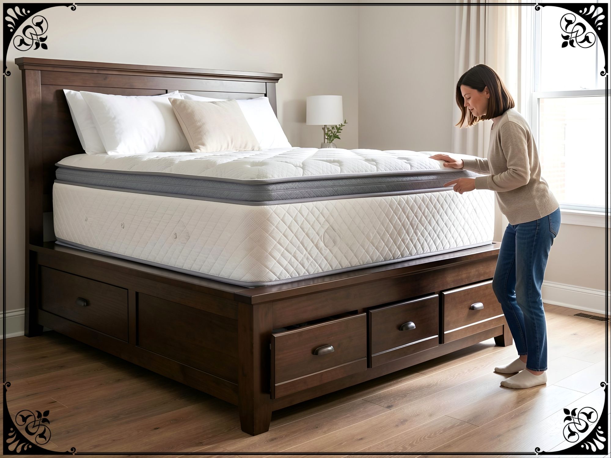 A digital image created by Wombo Dream AI of a woman in jeans and socks trying to climb up into a very high bed that is almost as tall as she is. The super thick mattress is sitting on top of a storage bed with drawers, so that adds to the height. 