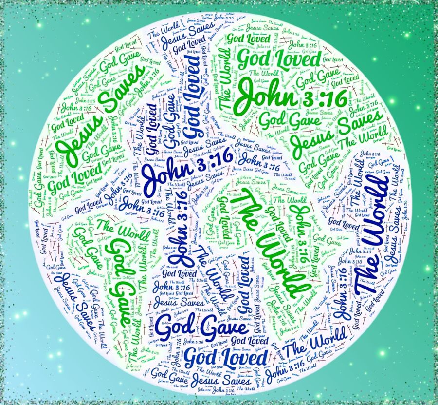 A word cloud of green and blue text made up of lines from John 3:16, For God so loved the world that He gave His only begotten Son, and placed randomly in a green and blue Earth image. The original was made at the Word Art dot com website. The Earth is then surrounded by a green and blue gradient and filled with bokeh and sparkles. The whole thing is then placed in a glittery green frame.