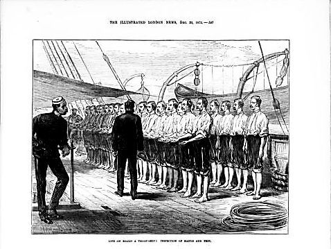 A 1873 black-and-white engraving from the Illustrated London News titled "Inspection of Hands and Feet" by Major W. O. Carlile. It depicts a row of barefoot Royal Navy sailors standing at attention on the wooden deck of a ship while naval officers walk past to inspect them.
