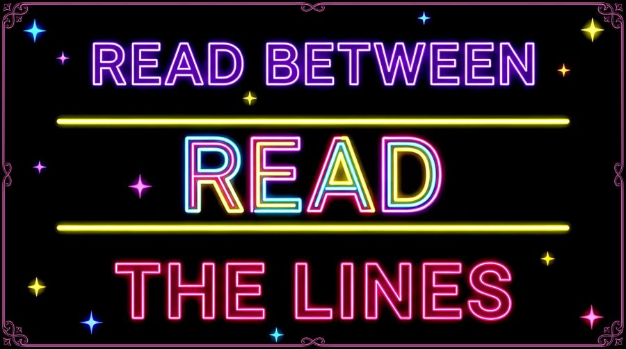 Minimalist neon digital art on a black starry background featuring the phrase "READ BETWEEN" in glowing purple block capitals at the top and "THE LINES" in pink script at the bottom, centered around two yellow neon horizontal lines with the word "READ" glowing between them.