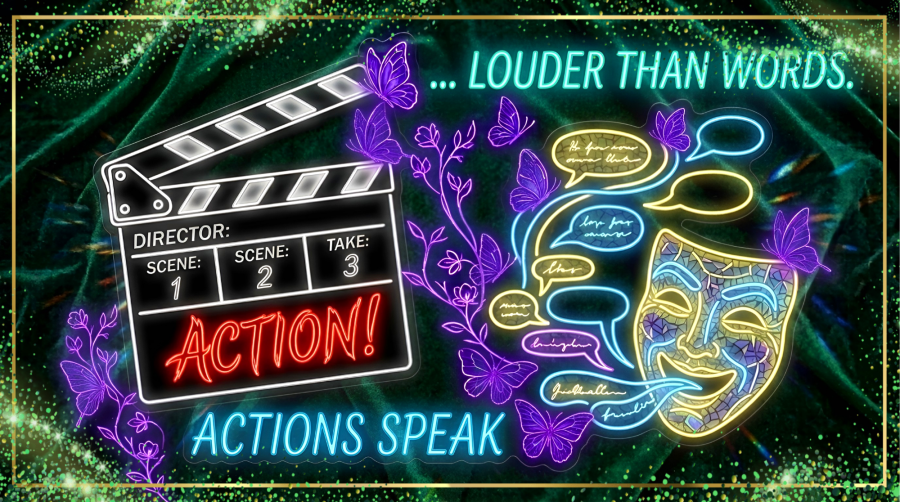 "A vibrant digital artwork featuring a neon graphic aesthetic against a dark, textured background. On the left, a film director's clapboard reads 'SCENE 1, TAKE 2, ACTION! ACTIONS SPEAK'. On the right, a glowing neon comedy theater mask is surrounded by colorful speech bubbles with small text, alongside glowing purple butterflies. Bright neon text across the top reads
