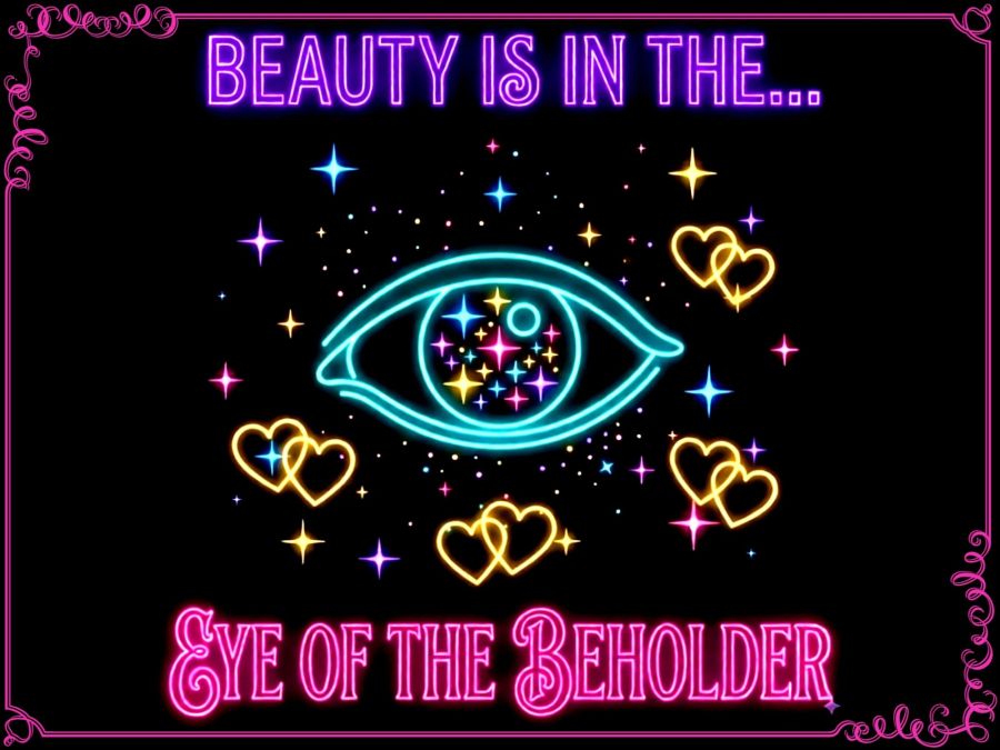 Minimalist neon line art on a black background featuring a large cyan neon eye filled with colorful star sparkles in the pupil. Glowing yellow intertwined double-heart symbols and starbursts float around the eye. Purple neon text at the top reads "BEAUTY IS IN THE..." and ornate pink neon script at the bottom reads "EYE OF THE BEHOLDER".