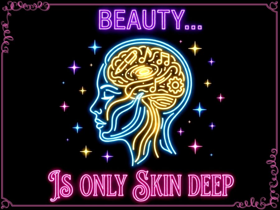 Minimalist neon line art on a black background featuring a side profile silhouette of a head in blue neon, filled with glowing yellow icons of music notes, a pen, and creative thoughts inside the brain. Glowing purple neon text at the top reads "BEAUTY..." and ornate pink neon script at the bottom reads "IS ONLY SKIN DEEP", surrounded by multi-colored neon star sparkles.