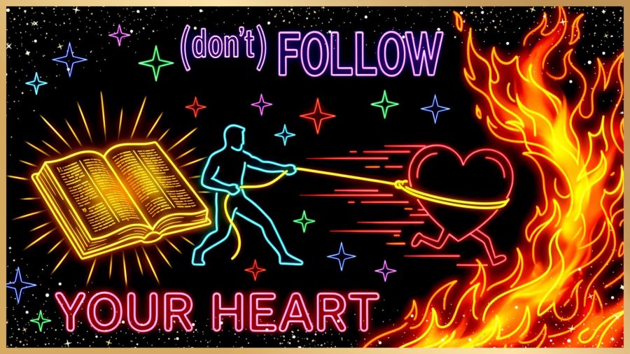 Minimalist digital neon art on a solid black background with colorful four-point neon stars scattered across the canvas. Across the top, purple glowing neon text reads "(don't) FOLLOW", and across the bottom, pink glowing neon text reads "YOUR HEART". In the center scene, a large, glowing golden-yellow open Bible on the left radiates warm light rays. In the middle, a cyan-blue neon silhouette figure pulls back on a taut yellow neon lasso rope looped around an anthropomorphic red and pink Valentine-style heart with running legs. Red motion speed lines trail behind the heart as it sprints toward a towering, roaring realistic orange and yellow blaze of fire on the far right.

