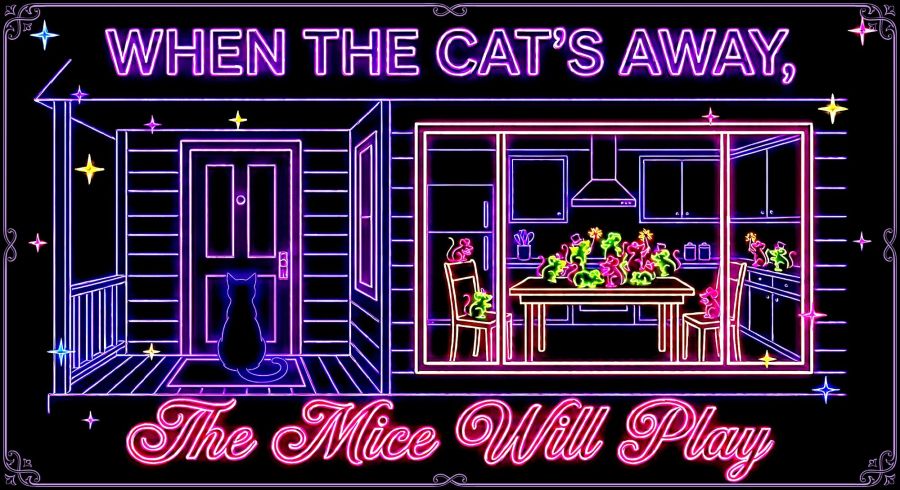 A minimalist neon outline illustration on a solid black background depicting the cliché 'When the cat's away, the mice will play.' On the left, a small black cat sits on a front porch with its back turned, looking up at the closed front door handle. On the right, through a large glowing window, multiple vibrant pink and green neon mice are dancing and partying on top of a kitchen table with tiny sparklers. Glowing purple block letters at the top read 'WHEN THE CAT'S AWAY,' and glowing pink script at the bottom reads 'The Mice Will Play,' surrounded by colorful star sparkles.