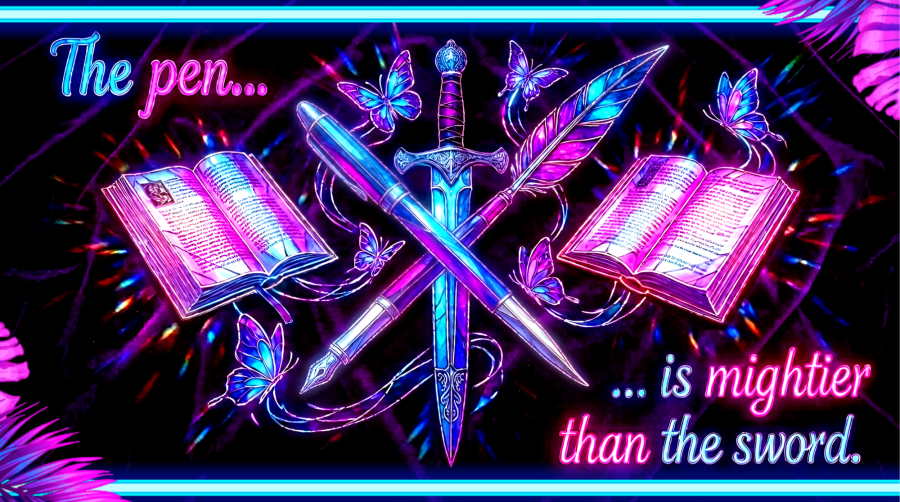 A vibrant neon sign layout set against a dark purple velvet backdrop. Vibrant glowing neon lettering reads "The pen... is mightier than the sword." At the center, a luminous neon blue fountain pen and a colorful neon feather quill cross diagonally in front of a detailed, dark silver sword. Surrounding the center are glowing neon butterflies, floral vines, and two neon-outlined open books filled with glowing star constellations.