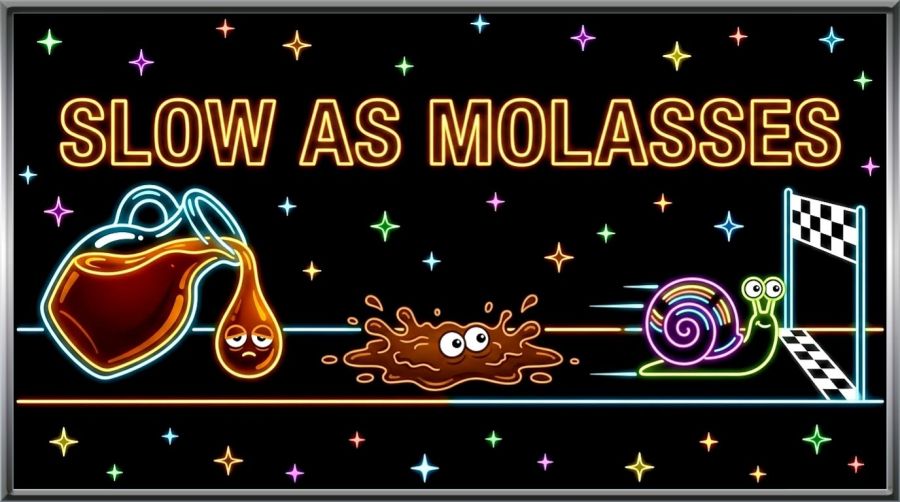 Panoramic 3D neon digital illustration on a black starry background with "SLOW AS MOLASSES" in glowing amber neon block capital letters. On the left, a glass pitcher pours a sleepy, sad amber molasses droplet. In the center, a mud puddle with googly eyes splashes sluggishly. On the right, a cheerful neon snail with speed lines crosses the checkered finish line on a split neon baseline.
