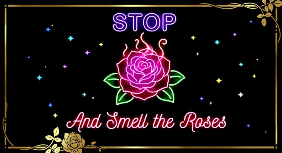 Neon digital illustration enclosed in an ornate gold metal border with etched roses. On a black void with colorful star sparkles, a vibrant glowing magenta and pink rose blossom blooms with green leaves and soft aroma swirls. The phrase reads 'STOP' in purple neon capitals at the top and 'And Smell the Roses' in flowing pink neon script at the bottom.