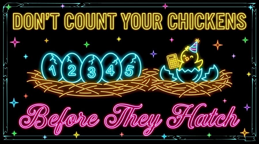 Panoramic 3D neon digital illustration against a solid black starry background reading "DON'T COUNT YOUR CHICKENS" at the top in glowing yellow neon capital letters and "Before They Hatch" at the bottom in flowing pink cursive script. In the center, a glowing brown neon nest holds five cracked cyan neon eggs numbered 1 through 5 in a row beside a cheerful glowing yellow chick wearing a party hat and holding a golden calculator inside its cracked shell.