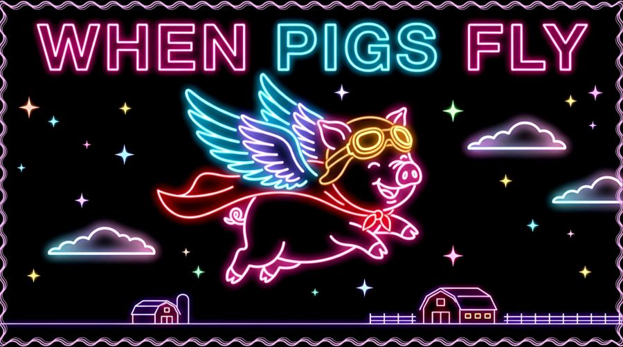 Panoramic 3D neon digital illustration against a black starry background reading "WHEN PIGS FLY" in glowing pink and cyan neon block capital letters. In the center, a cheerful cartoon pink pig with glowing cyan angel wings, a red cape, and amber aviator goggles flies across the sky above pastel glowing clouds and tiny neon farm barns.