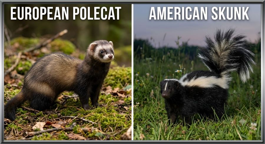 Side-by-side comparison of a European polecat on the left in a forest setting, labeled "EUROPEAN POLECAT", and an American striped skunk on the right in a grassy field, labeled "AMERICAN SKUNK".