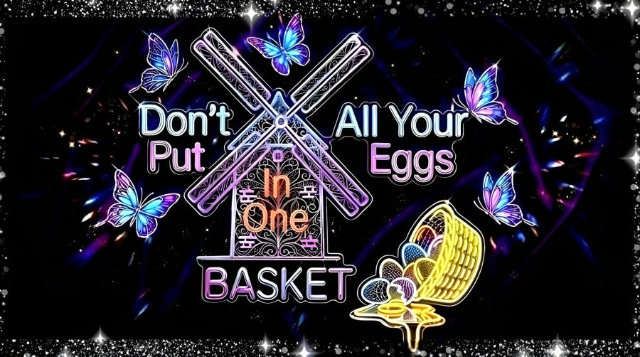 A digital illustration in a multi-colored neon etched style on a black background. Bright purple, blue, and pink filigree-etched butterflies float around a glowing neon windmill and vibrant typography reading "Don't Put All Your Eggs In One Basket." In the bottom right, a woven yellow basket holds blue, white, and orange eggs, with one cracked egg spilling a glowing neon orange yolk onto a star-sparkled border.