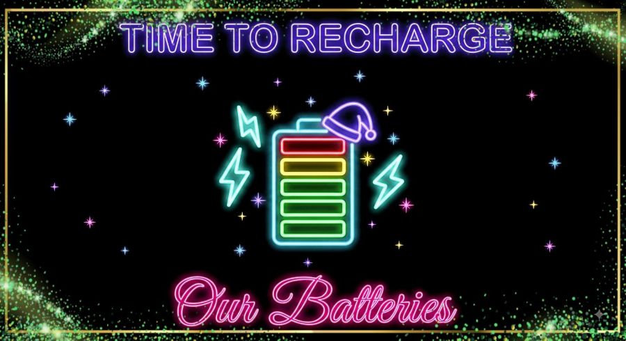 Neon digital illustration on a black void with colorful star sparkles, featuring a glowing blue battery with multi-colored horizontal charge bars wearing a purple sleeping cap, flanked by cyan lightning bolts. The phrase reads 'TIME TO RECHARGE' in purple block neon capitals at the top and 'Our Batteries' in flowing pink neon script at the bottom. The image is frames in a thin gold frame with sparkles of green energy woven through it. 