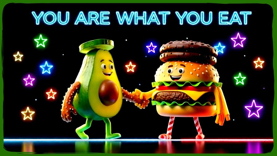 Panoramic 3D neon digital illustration against a starry black sky reading "YOU ARE WHAT YOU EAT" in glowing cyan block capital letters. In the center, a smiling avocado character with pretzel-stick arms, celery legs, and a cucumber slice hat shakes hands with a cheerful double-cheeseburger character featuring french-fry arms, candy-cane legs, and a chocolate-chip cookie hat, standing on a split neon blue and red baseline. Framed in a matching lettuce green torn paper frame by Photo Studio Pro. 