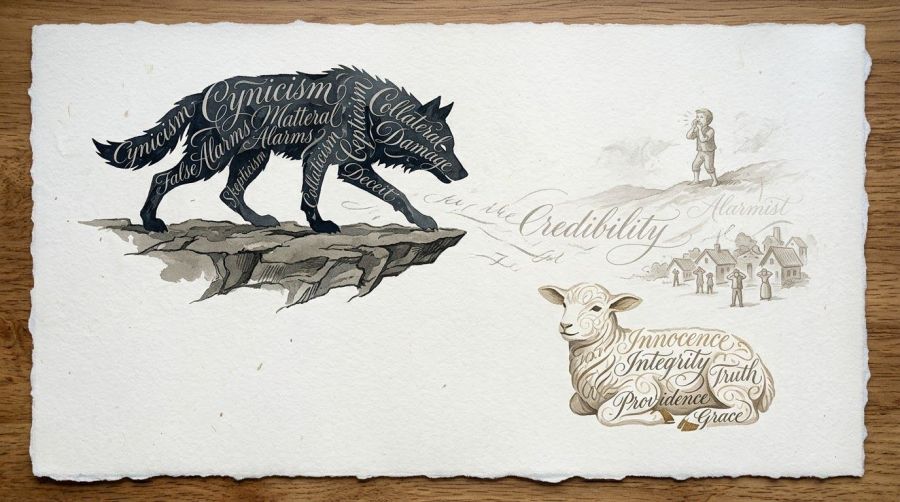 A word-cloud illustration forming a howling wolf and a lamb in shades of blue, gray, and cream, composed of thematic words including "Truth," "Integrity," "Credibility," "Innocence," and "Grace." Accent drawings include a boy shouting from the top of a hill, a small village full of houses, and villagers covering their ears so as not to hear the lying boy shout about the fake wolf. This prevents them from hearing when the wolf is real.