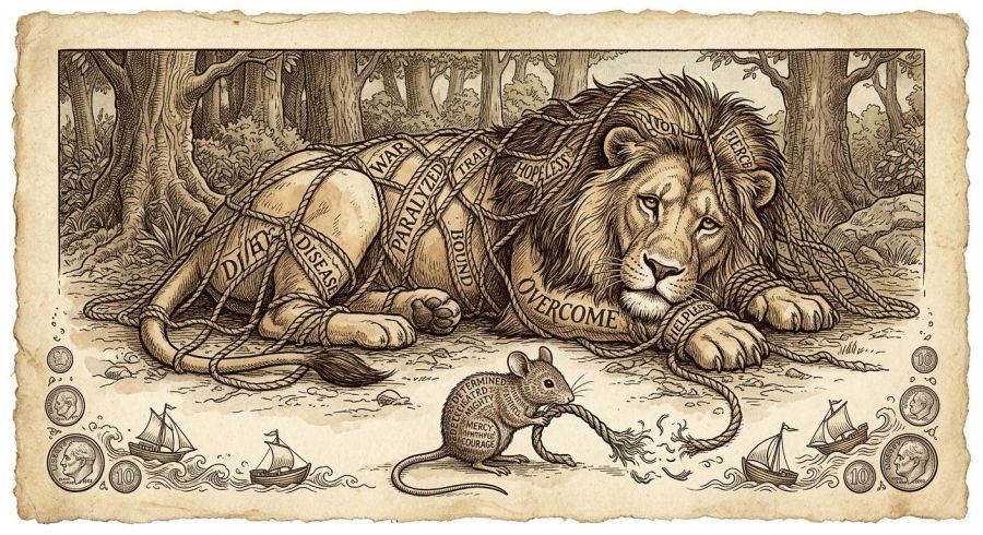 ​A vintage storybook pen-and-ink engraving with warm sepia tones on aged, deckled-edge parchment, illustrating Aesop's fable of The Lion and the Mouse. In the center, a majestic, sorrowful lion lies trapped on the forest floor under heavy rope netting. The coarse ropes are woven out of bold calligraphic text spelling out "WAR," "PARALYZED," "DISEASE," "TRAP," "BOUND," "HOPELESS," "OVERCOME," and "HELPLESS." In the foreground, an upright, resolute field mouse gnaws through a thick cord, its body patterned with the words "DETERMINED," "MIGHTY," "MERCY," and "COURAGE." Across the bottom margin, the severed rope frays near whimsical vignettes of tiny vintage wooden civilian sailing vessels on ocean swells and scattered silver ten-cent dimes.