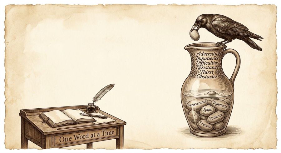 A vintage sepia pen-and-ink engraving on aged parchment illustrating Aesop’s fable of The Crow and the Pitcher. On the right, a glossy black crow perches atop a tall clay pitcher with a smooth stone in its beak. The upper neck of the pitcher features calligraphic word art reading "Adversity," "Impatience," "Difficulties," "Resistance," "Thirst," and "Obstacles," while the rising water below contains smooth stones inscribed with "Perseverance," "Ingenuity," "Logic," "Patience," and "Process". In the lower-left corner sits a wooden writing desk holding an open journal, ink pot, and quill, with the words "One Word at a Time" carved across the desk front.