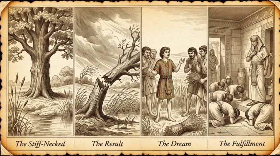 ​A vintage sepia pen-and-ink engraving on aged parchment arranged as a four-panel narrative sequence comparing Aesop's fable of The Oak and the Reeds to the life of Joseph. The first panel, labeled "The Stiff-Necked," depicts a massive, rigid oak tree towering proudly over slender reeds along a riverbank. The second panel, "The Result," shows the oak violently snapped at its trunk during a storm while the flexible reeds bend unharmed. The third panel, "The Dream," shows young Joseph in a colorful tunic enthusiastically recounting his dream of grain sheaves to scowling, angry brothers. The fourth panel, "The Fulfillment," shows Joseph in royal Egyptian robes looking down as his humbled brothers bow prostrate before him on the stone floor.