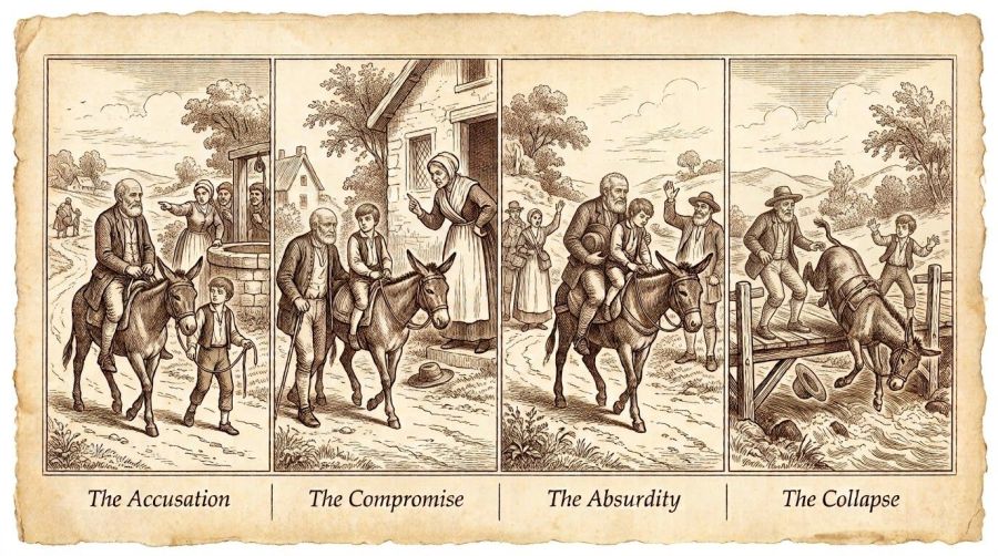 A vintage sepia pen-and-ink engraving on aged parchment arranged as a four-panel narrative sequence illustrating Aesop's fable "The Man, the Boy, and the Donkey." The first panel, labeled "The Accusation," depicts an elderly, gray-bearded father riding a donkey while his young son walks alongside holding the lead, criticized by pointing townsfolk gathered near a stone well. The second panel, "The Compromise," shows the boy riding while the father walks on foot, scolded by a woman gesturing sharply from her cottage doorway. The third panel, "The Absurdity," shows both father and son crammed together on the donkey's back, mocked by passing travelers on the road. The fourth panel, "The Collapse," shows the overloaded donkey bucking violently across a rustic wooden footbridge, throwing its riders and tumbling over the railing into a rocky stream below as the father's hat and belongings fly into the air.
