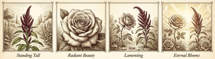 A vintage sepia pen-and-ink narrative engraving in four sequential panels labeled "Standing Tall", "Radiant Beauty", "Lamenting", and "Eternal Blooms". The panels illustrate Aesop's fable of The Rose and the Amaranth: a hardy amaranth standing firm; a radiant rose in full bloom; the wilting rose speaking to the amaranth about fleeting earthly splendor; and both flowers blooming side-by-side forever in a heavenly landscape beside living water.