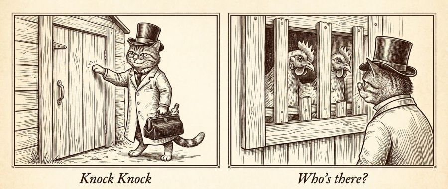​A vintage sepia pen-and-ink comedic engraving in two sequential panels labeled "Knock Knock" and "Who's there?". In the first panel, a sly cat disguised as a Victorian doctor with spectacles, a top hat, and a medical bag knocks politely on a closed coop door. In the second panel, two sharp-eyed hens peek out with deadpan skepticism from behind heavy wooden vertical slats, keeping their distance and refusing to fall for the feline's clumsy trick.