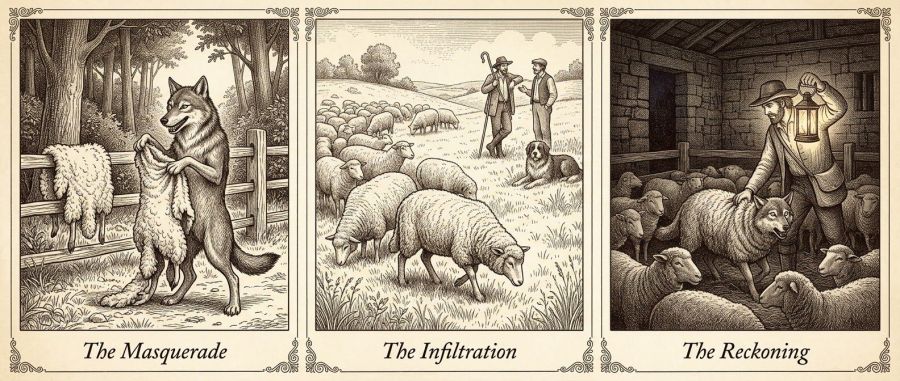 ​A vintage sepia pen-and-ink engraving in three sequential panels illustrating Aesop's fable The Wolf in Sheep's Clothing. The first panel, 'The Masquerade,' shows a sly wolf standing upright by a wooden fence, slipping a fluffy sheepskin over his shoulders. The second panel, 'The Infiltration,' shows the disguised wolf walking among a herd of sheep in a sunny pasture while two shepherds converse and a sheepdog rests nearby. The third panel, 'The Reckoning,' depicts the interior of a dark stone barn at night, where a shepherd holding a glowing lantern mistakenly seizes the terrified, disguised wolf by his fleece, catching the deceiver in his own trap.