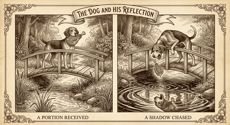 A two-panel vintage sepia engraving illustrating Aesop's fable 'The Dog and His Reflection.' On the left, a dog crosses a wooden bridge carrying a choice piece of meat in his mouth. On the right, the dog barks greedily at his watery reflection below, dropping the real meat into the stream.