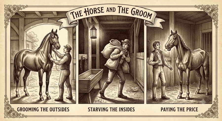 A vintage sepia-toned three-panel engraving illustrating Aesop's fable 'The Horse and the Groom.' The left panel, titled 'Grooming the Outsides,' shows a groom brushing a sleek horse in a barn doorway. The center panel, titled 'Starving the Insides,' shows the groom sneaking away with full sacks of grain past an empty wooden trough. The right panel, titled 'Paying the Price,' shows an emaciated, hollow-ribbed horse speaking reproachfully to the startled groom.