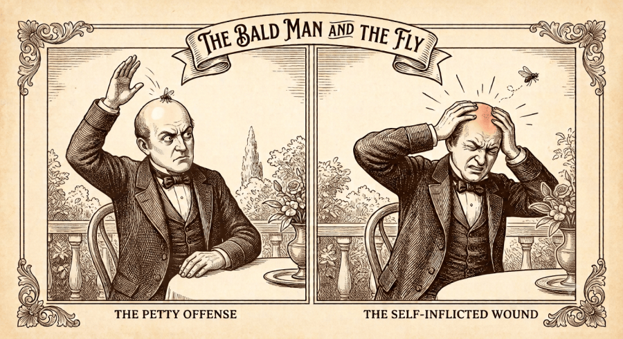A two-panel vintage sepia engraving illustrating Aesop's fable 'The Bald Man and the Fly.' On the left, a bald gentleman raises his hand to violently swat a tiny fly resting on his smooth scalp. On the right, the fly buzzes away unharmed while the gentleman winces in pain, holding his stinging head after smacking himself.