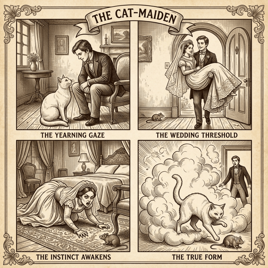 A vintage sepia-toned four-panel engraving arranged in a 2x2 grid illustrating Aesop's fable 'The Cat-Maiden.' Panel 1, 'The Yearning Gaze,' shows a man seated, admiring a white cat looking up at him. Panel 2, 'The Wedding Threshold,' shows the groom carrying his human bride across the doorway while a tiny mouse enters unnoticed. Panel 3, 'The Instinct Awakens,' shows the bride crawling on all fours in her gown, hunting the mouse. Panel 4, 'The True Form,' reveals the bride transformed back into a white cat stalking the mouse amidst a cloud of magical smoke, as the groom watches in shock.