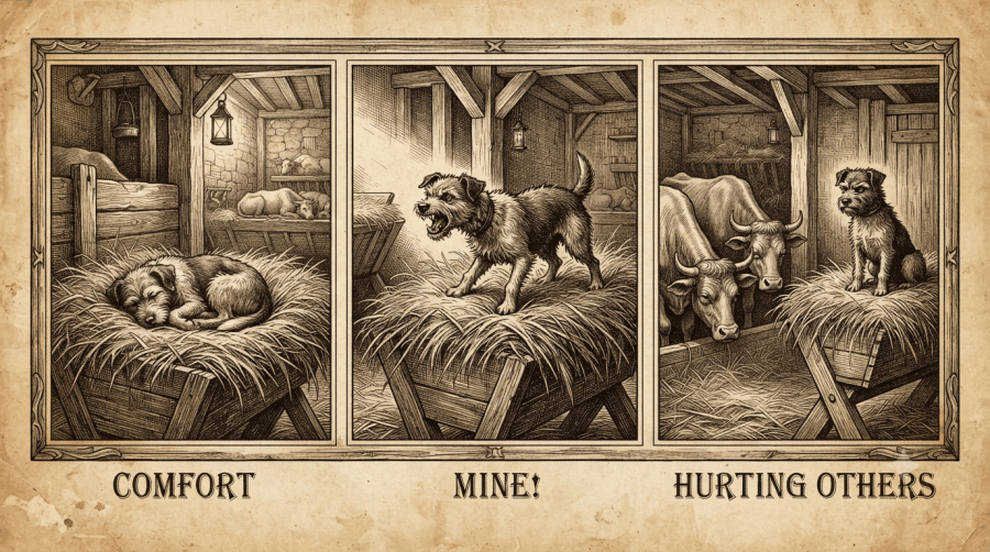 ​A vintage sepia-toned three-panel triptych engraving illustrating Aesop's fable 'The Dog in the Manger.' Panel 1, labeled 'Comfort,' shows a spoiled farm terrier fast asleep and curled up comfortably in a deep, high pile of sweet golden hay inside a rustic wooden manger. Panel 2, labeled 'Mine!', shows the dog jolted awake, standing aggressively atop the hay with bared teeth and bristled fur, viciously snapping. Panel 3, labeled 'Hurting Others,' shows the dog sitting stubbornly alone over hay he cannot eat, while two massive, exhausted oxen hang their tired heads low in sorrowful weariness, unable to reach the nourishment they need.