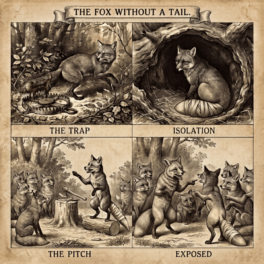 ​A vintage sepia-toned 2x2 grid engraving illustrating Aesop's fable 'The Fox Without a Tail.' The grid features four distinct, bordered quadrants with an ornate header banner reading 'THE FOX WITHOUT A TAIL.' Quadrant 1, labeled 'THE TRAP,' shows a wild fox frantically pulling away from a heavy iron trap, leaving its long brush tail caught behind. Quadrant 2, labeled 'ISOLATION,' shows the fox sitting alone in a dark den, its injured tail wrapped heavily in medical bandages, looking over its shoulder in deep shame. Quadrant 3, labeled 'THE PITCH,' shows the bandaged fox standing before a gathering of other foxes, gesturing persuasively toward a crude cutting tool on a stump. Quadrant 4, labeled 'EXPOSED,' shows an older fox in the crowd pointing and laughing at the bandaged tail of the speaker, while other foxes turn away mocking.