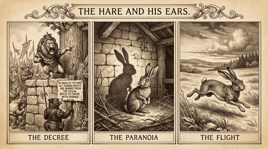 A vintage sepia-toned three-panel triptych engraving illustrating Aesop's fable 'The Hare and His Ears.' Panel 1, labeled 'THE DECREE,' shows a fierce lion standing atop a stone ledge roaring a royal proclamation, with a guard posting a ban on horned animals. Panel 2, labeled 'THE PARANOIA,' shows a small hare staring in terror at its own long shadow and ears cast against a wall, mistaking them for horns. Panel 3, labeled 'THE FLIGHT,' shows the hare sprinting frantically across an open field in wild panic.
