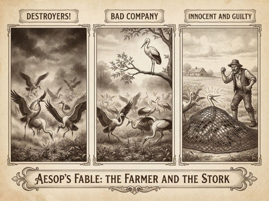A vintage, sepia-toned triptych engraving titled "Aesop's Fable: The Farmer and the Stork" with an ornate decorative banner at the bottom.
​Panel 1 (labeled "DESTROYERS!") features a dark, dramatic landscape under a stormy sky where chaotic, aggressive cranes tear up crops on the ground and fly overhead.
​Panel 2 (labeled "BAD COMPANY") depicts a lone, elegant stork standing peacefully on a low tree branch, completely detached while surrounding cranes actively destroy the field below.
​Panel 3 (labeled "INNOCENT AND GUILTY") shows a heavy net thrown over a group of hidden birds; the stork's head protrudes from the top of the net, facing an angry farmer who stands nearby shaking his fist, with distinct lines radiating from the stork's open beak to show it is loudly protesting its innocence.