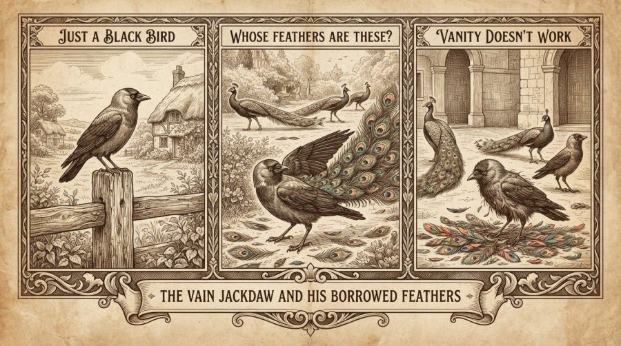 Vintage sepia-toned triptych engraving illustrating Aesop’s fable "The Vain Jackdaw and His Borrowed Feathers." Panel one shows a grey-and-black jackdaw standing on a wooden fence post labeled "JUST A BLACK BIRD." Panel two shows the jackdaw tucking brilliant peacock feathers into its wings, labeled "WHOSE FEATHERS ARE THESE?" Panel three shows the crestfallen jackdaw standing amidst a pile of dropped colorful feathers while other birds walk away in rejection, labeled "VANITY DOESN'T WORK."