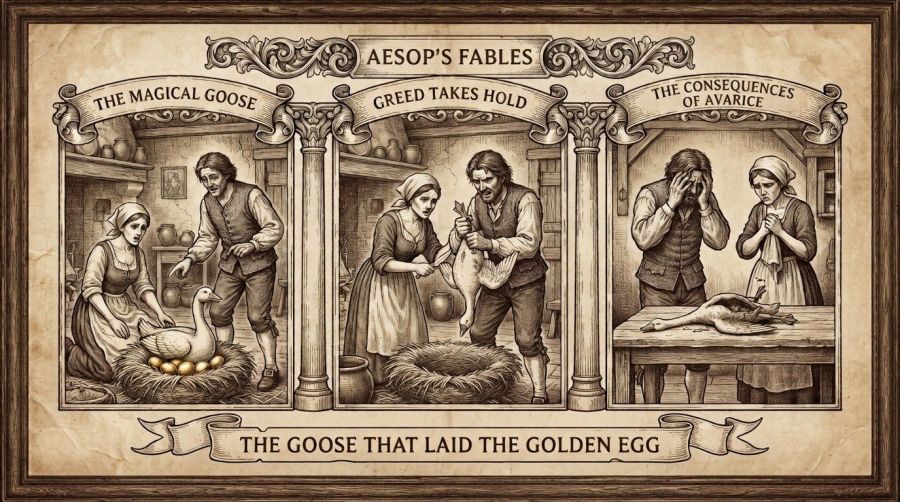 A vintage, sepia-toned triptych engraving titled "The Goose that Laid the Golden Egg" with a decorative border on aged paper.
Panel 1 (labeled "THE MAGICAL GOOSE"): Depicts a humble peasant couple watching their white goose lay gleaming golden eggs in a cozy nest inside a rustic cottage.
Panel 2 (labeled "GREED TAKES HOLD"): Shows the same couple, with the man holding a kitchen knife and the goose upside down, poised to cut it open in a rush for riches.
Panel 3 (labeled "THE CONSEQUENCES OF AVARICE"): Shows the couple standing devastated and empty-handed over the dead, cut-open goose, with no more eggs to be found.