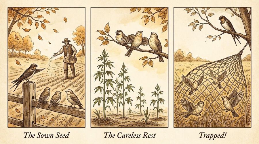 A vintage sepia pen-and-ink engraving triptych on aged parchment illustrating Aesop's fable of The Swallow and the Other Birds. The left panel, labeled "The Sown Seed," shows a farmer casting seeds across an autumn field while a wise swallow perches on a fence post warning three small woodland birds. The center panel, labeled "The Careless Rest," shows tall hemp stalks growing while the careless birds lounge lazily on a leafy branch, ignoring the threat. The right panel, labeled "Trapped!", shows a woven fowler's net collapsing over the panicked, fluttering birds on the ground while the swallow watches safely from a high tree branch above.