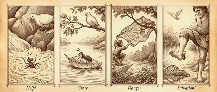 A vintage sepia pen-and-ink engraving on aged parchment in four sequential panels labeled "Help!", "Grace", "Danger", and "Salvation!". The panels depict Aesop's fable of The Ant and the Dove: an ant thrashing in a whirlpool as a dove watches with a leaf; the ant safe aboard the floating leaf; a rustic birdcatcher casting a net toward the resting dove; and the ant biting the hunter's bare heel, causing him to hop in pain and drop his snare as the dove flies to freedom.