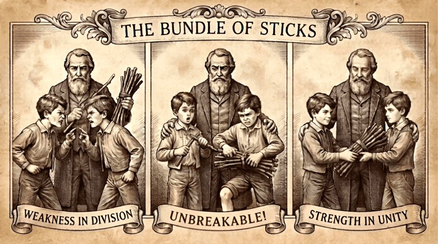 A vintage sepia-toned three-panel triptych engraving illustrating Aesop's fable 'The Bundle of Sticks.' Panel 1, labeled 'WEAKNESS IN DIVISION,' shows two brothers arguing face-to-face while a wise father holds a bundle of sticks and pulls one out. Panel 2, labeled 'UNBREAKABLE!,' shows one boy successfully snapping an isolated stick while the other struggles helplessly against the tied bundle. Panel 3, labeled 'STRENGTH IN UNITY,' shows the father drawing the brothers together as they jointly hold the bundle.