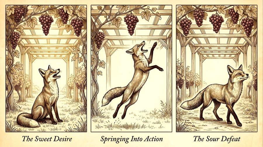 A vintage purple-tinted sepia pen-and-ink engraving triptych on aged cream parchment illustrating Aesop's fable of The Fox and the Grapes. The left panel, labeled "The Sweet Desire," shows a hungry fox sitting beneath a vineyard arbor, looking upward with longing at heavy, ripe grape clusters. The center panel, labeled "Springing Into Action," captures the fox mid-air in an athletic leap, stretching upward with paws and open jaws, missing the dangling fruit by inches. The right panel, labeled "The Sour Defeat," shows the fox walking away along the path, head turned back with a closed, dismissive expression of feigned indifference.