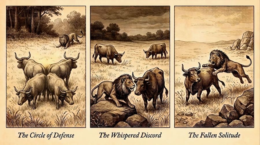 A vintage sepia pen-and-ink engraving triptych on aged parchment illustrating Aesop's fable of The Four Oxen and the Lion. The left panel, labeled "The Circle of Defense," shows four strong oxen standing tail-to-tail in an impenetrable outward-facing circle, keeping a distant crouching lion at bay. The center panel, labeled "The Whispered Discord," shows the circle dissolved under dark skies as the oxen scatter suspiciously while the lion whispers deceit close to an isolated ox. The right panel, labeled "The Fallen Solitude," shows the ferocious lion leaping through the air to overpower a solitary ox near jagged boulders.