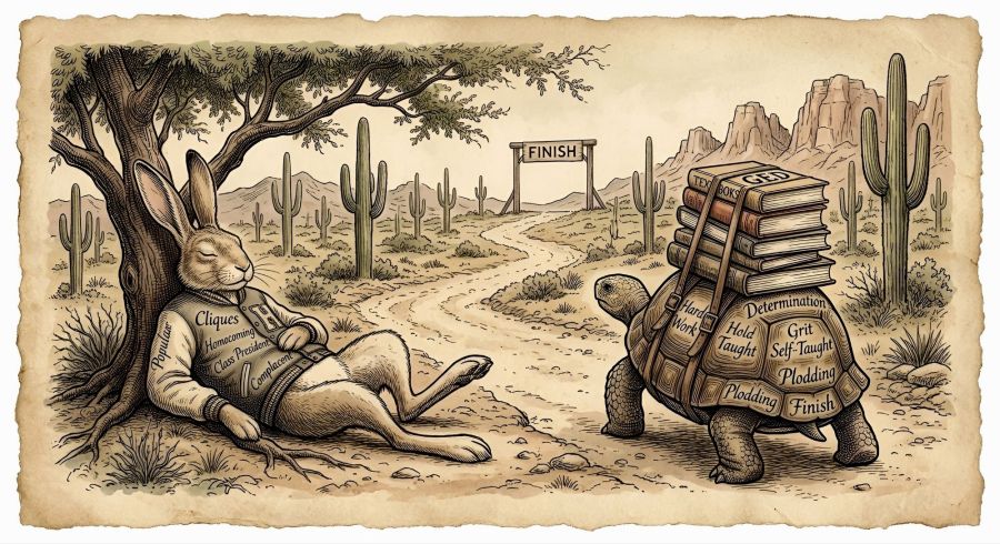 A vintage storybook engraving in soft desert pastel tones on aged parchment paper, illustrating Aesop's fable of the Tortoise and the Hare on an Arizona desert road lined with saguaro cacti and distant mountains. On the left, an arrogant hare slumbers lazily against a large mesquite tree, wearing a letterman jacket labeled "Cliques," "Homecoming," "Class President," and "Complacent." In the center road, a determined tortoise steadily walks away toward a rustic wooden "FINISH" banner in the distance, carrying a heavy stack of textbooks strapped to its shell with "GED" prominently on top; calligraphic words etched into its shell and legs include "Hard Work," "Determination," "Grit," "Self-Taught," "Purpose," "Plodding," and "Finish."