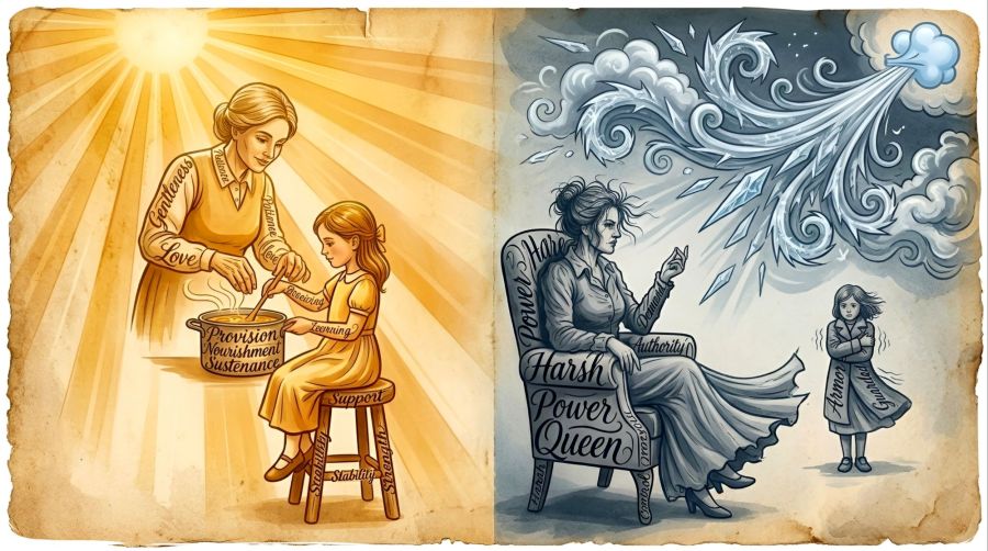 ​A split vintage-style illustration on aged parchment contrasting warmth and cold authority. On the left, illuminated by golden sunbeams, a kind foster mother guides a young girl seated on a wooden stool as they stir a steaming pot together; calligraphic words such as "Gentleness," "Love," "Provision," "Nourishment," "Learning," and "Stability" are woven into their clothing, the pot, and the stool. On the right, beneath a howling slate-gray cloud blowing icy wind, a stern foster woman sits rigidly in an ornate armchair snapping her fingers, with words like "Harsh," "Power," "Queen," and "Authority" embedded in her chair and arm; across the room, a frightened young girl clutches a heavy overcoat labeled "Armor" and "Guarded" tightly around herself.