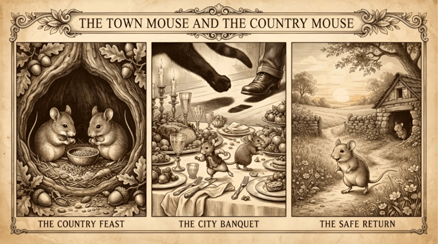 ​A vintage sepia-toned three-panel triptych engraving illustrating Aesop's fable 'The Town Mouse and the Country Mouse.' Panel 1, labeled 'THE COUNTRY FEAST,' shows two mice sharing simple grains and roots inside a cozy rustic hollow tree. Panel 2, labeled 'THE CITY BANQUET,' shows the two mice scrambling in terror on a lavish, opulent banquet table amidst sweeping shadows of a cat's paw and a human boot stepping down. Panel 3, labeled 'THE SAFE RETURN,' shows the country mouse happily escaping back to a quiet, peaceful field hole under a warm sunset sky.