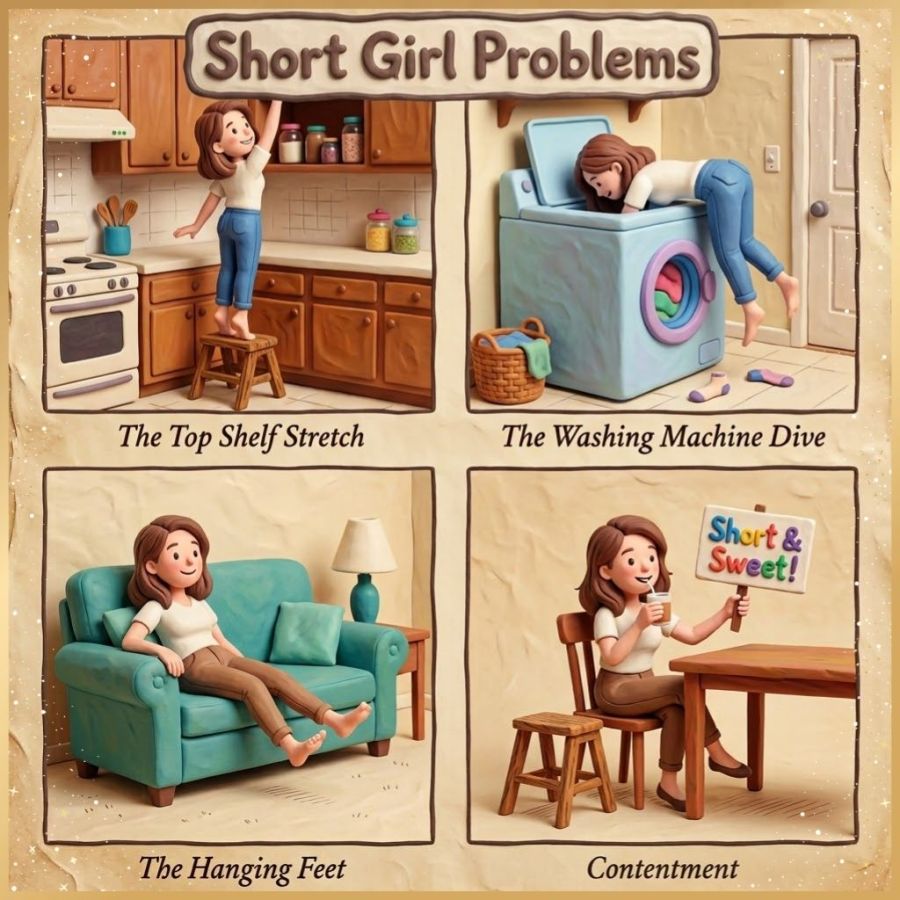 A humorous claymation-style 4-panel comic strip in a 2x2 grid titled "Short Girl Problems," dedicated to the public domain under CC0 for free use and download. The top left panel, "The Top Shelf Stretch," depicts a petite clay figure standing on tiptoes on a stool reaching for a high cabinet. The top right, "The Washing Machine Dive," shows her bent into a deep top-loading washer with feet dangling off the floor. The bottom left, "The Hanging Feet," shows her seated on a couch with legs dangling high above the floor. The bottom right, "Contentment," shows her smiling happily beside her step stool holding a sign that says "Short & Sweet!"