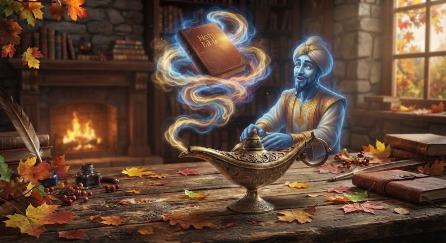 A cozy indoor scene featuring a blue-skinned genie with a surprised expression looking at a glowing Holy Bible floating within a plume of smoke rising from an ornate brass magic lamp on a wooden table scattered with autumn leaves. Public Domain Image—Use Freely 