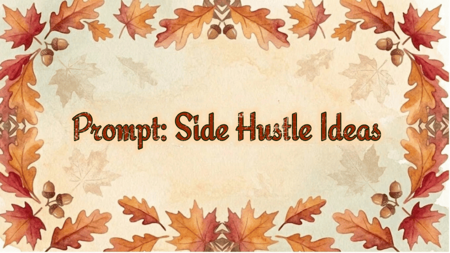 An autumn-themed watercolor background featuring a decorative border of orange and red oak and maple leaves interspersed with brown acorns, framing a pale parchment center where the prompt title and text are displayed.