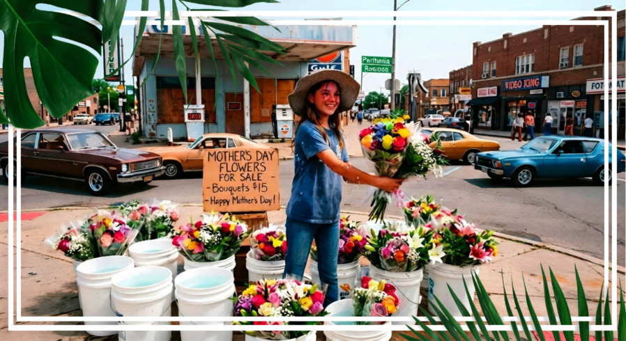 A nostalgic, stylized image of a young teenage girl in the late 1970s standing on a busy street corner next to buckets of colorful flowers, holding a sign that reads "MOTHER'S DAY FLOWERS FOR SALE - Bouquets $15 - Happy Mother's Day!!" The image is framed with a double white border with large palm fronds woven through it. 